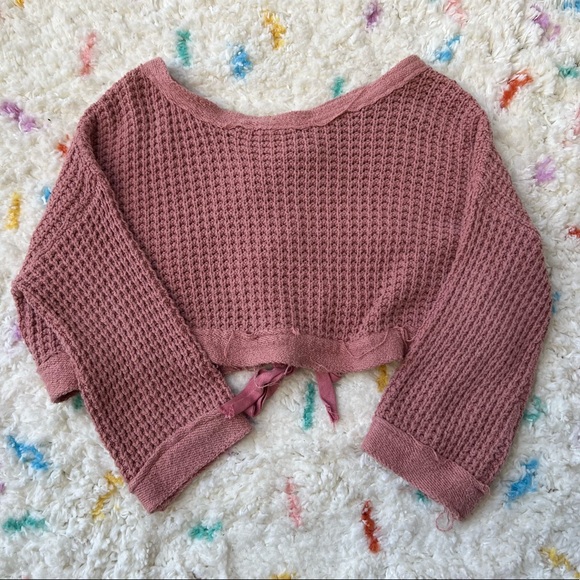 Free People | Maybe Baby Mauve Waffle Knit Bell Sleeve Lace Up Sweater - Picture 5 of 12